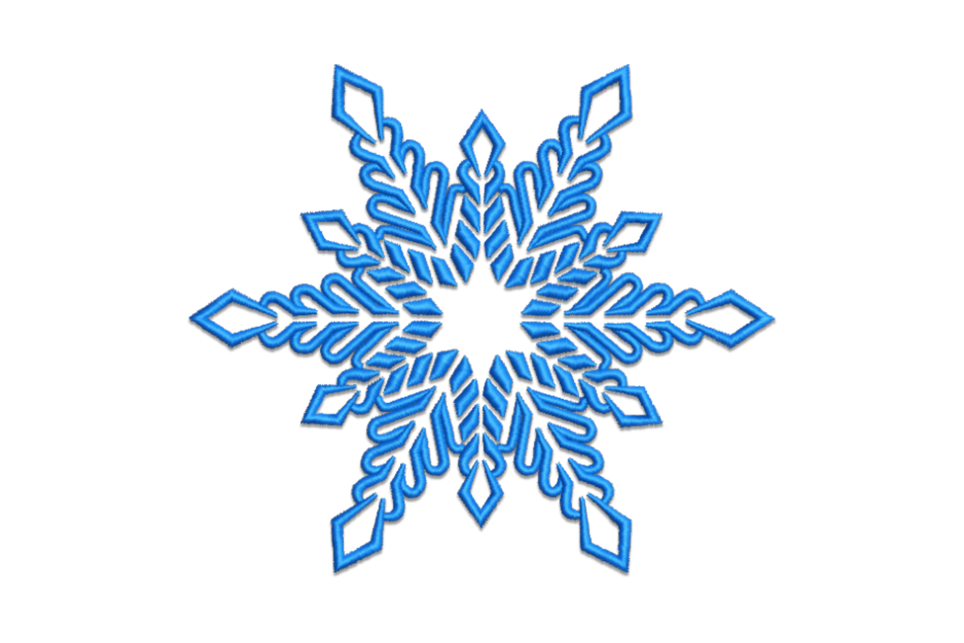 Royal blue eight-pointed snowflake embroidery with curving filled arms, scroll details and open star centre