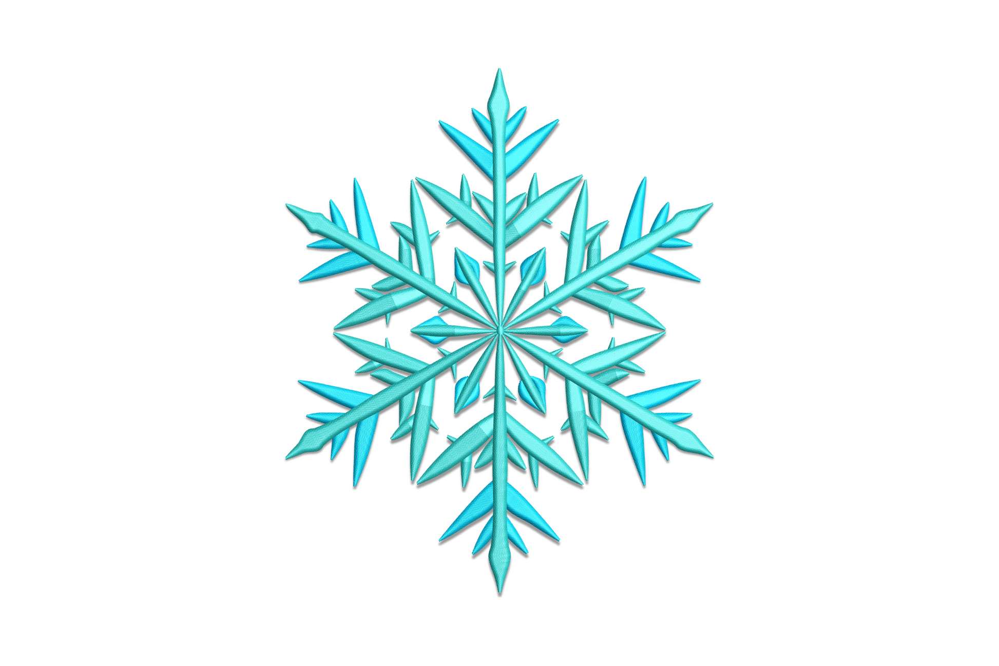 Blue snowflake embroidery set with six symmetrical arms, lacy branch tips and open centre in ice blue and white thread.