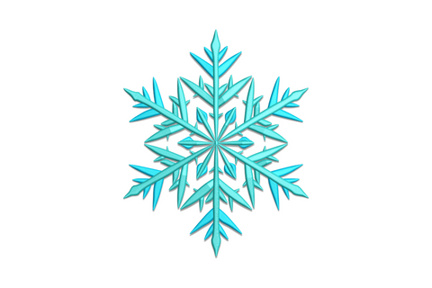 Blue snowflake embroidery set with six symmetrical arms, lacy branch tips and open centre in ice blue and white thread.