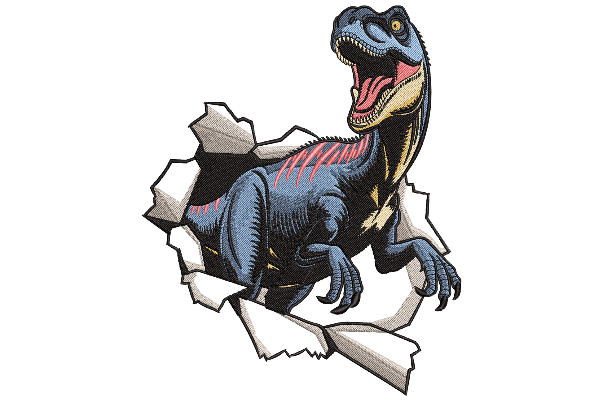 Blue velociraptor embroidery design in hunting pose with cobalt scales, navy spine stripe and a golden tracking eye