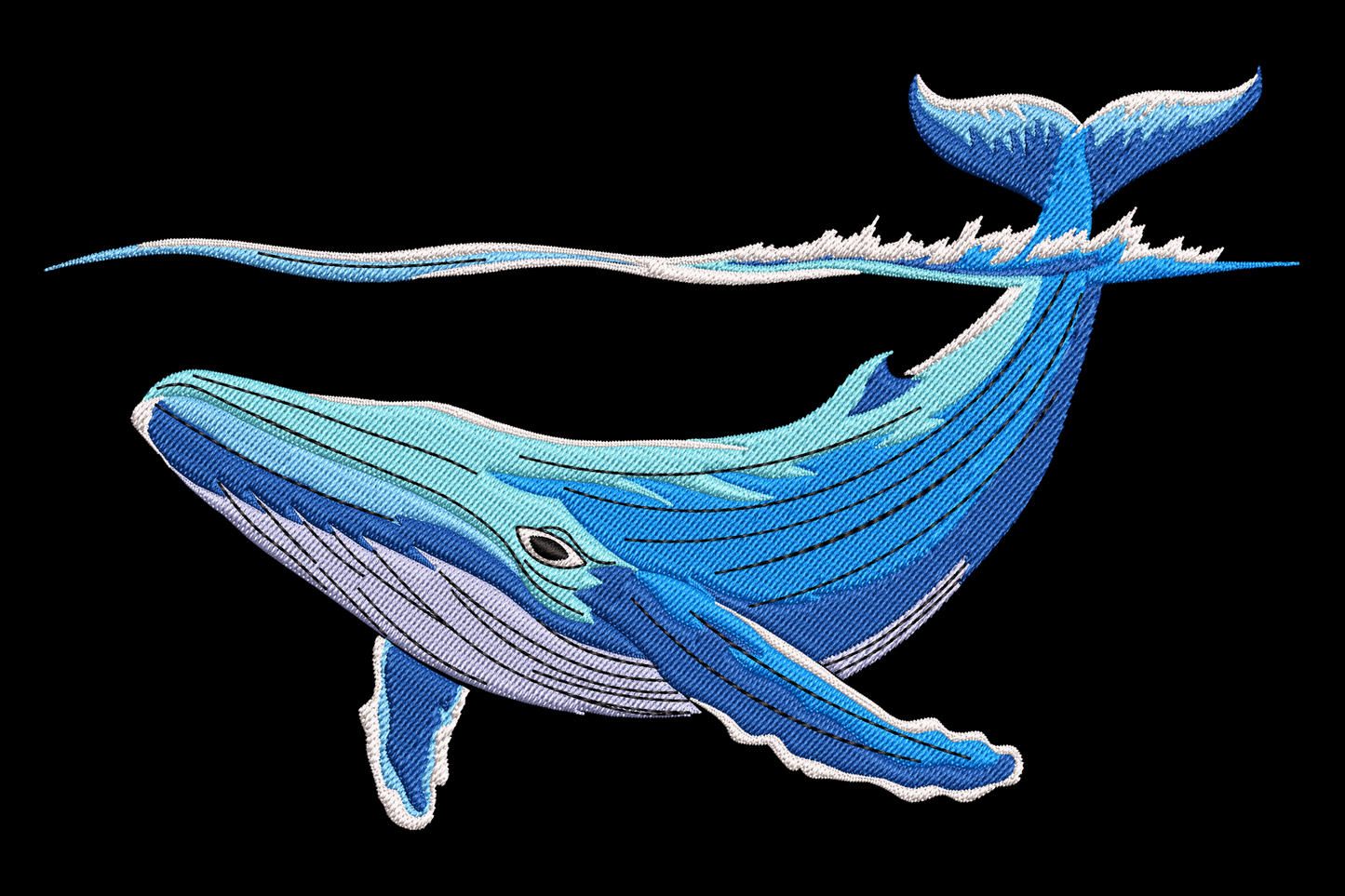 Blue whale embroidery design with layered cobalt and ice blue body, tail above the waterline and white underbelly, 7 colours.