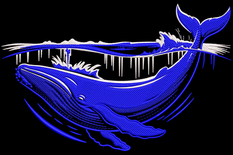 Blue whale embroidery design in deep ocean blue with pale aqua belly, rounded side-profile cartoon style, white background.