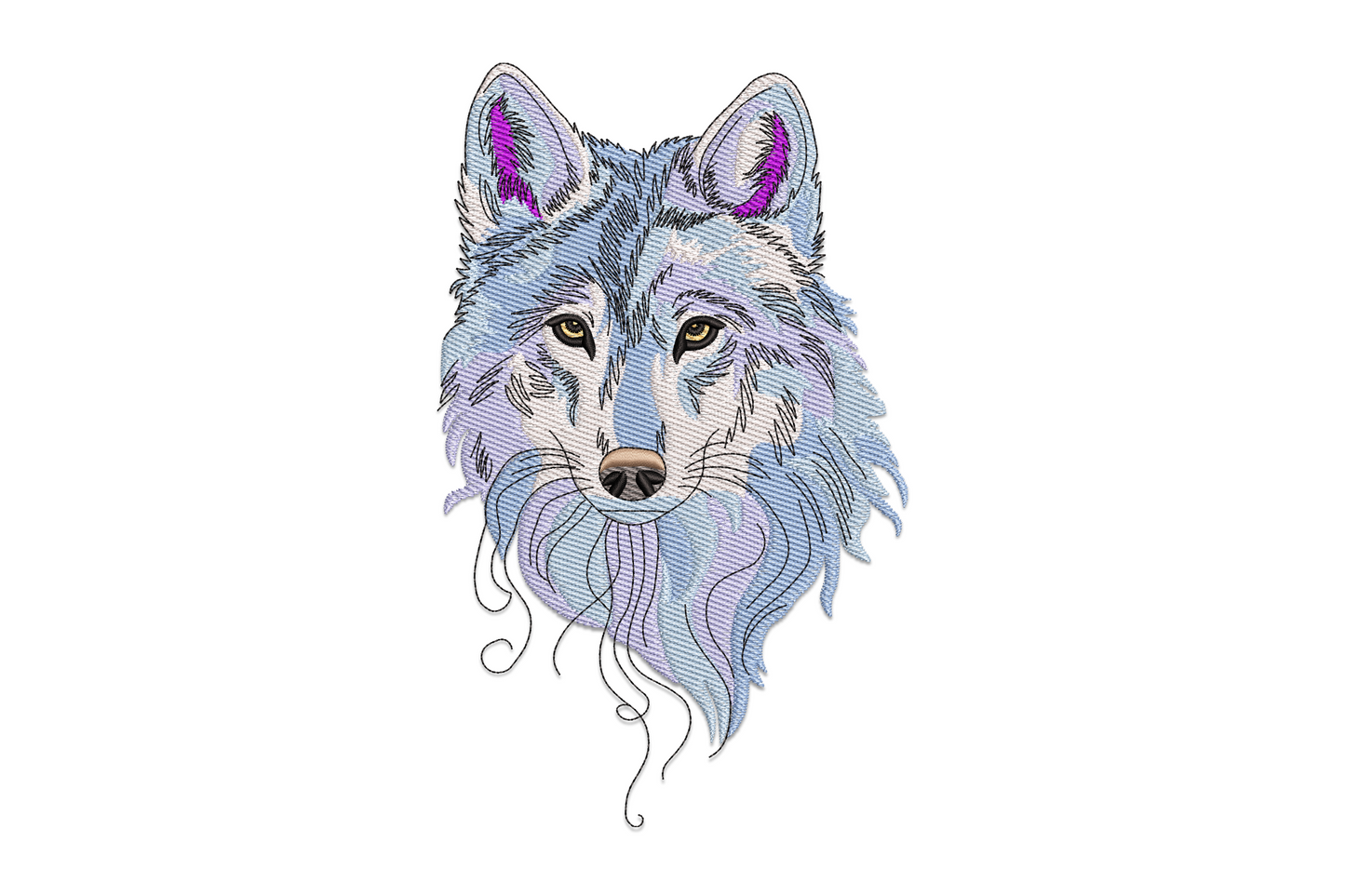 Blue wolf head embroidery design, front-facing portrait with gradient blue fur, 9 colours, 5 sizes up to 4.61 inches wide