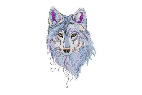 Blue wolf head embroidery design, front-facing portrait with gradient blue fur, 9 colours, 5 sizes up to 4.61 inches wide