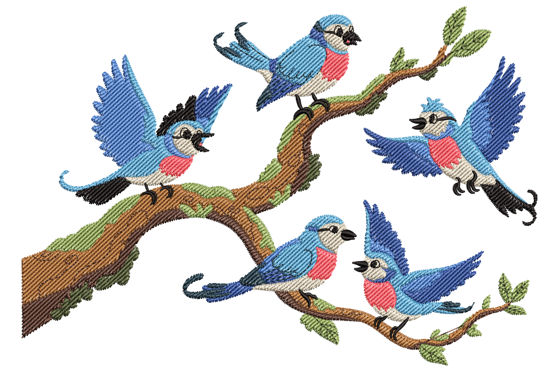 Five bluebirds on branch embroidery design with bright blue feathers and pink coral breasts, two perched chatting and three flying in from right with wings spread.