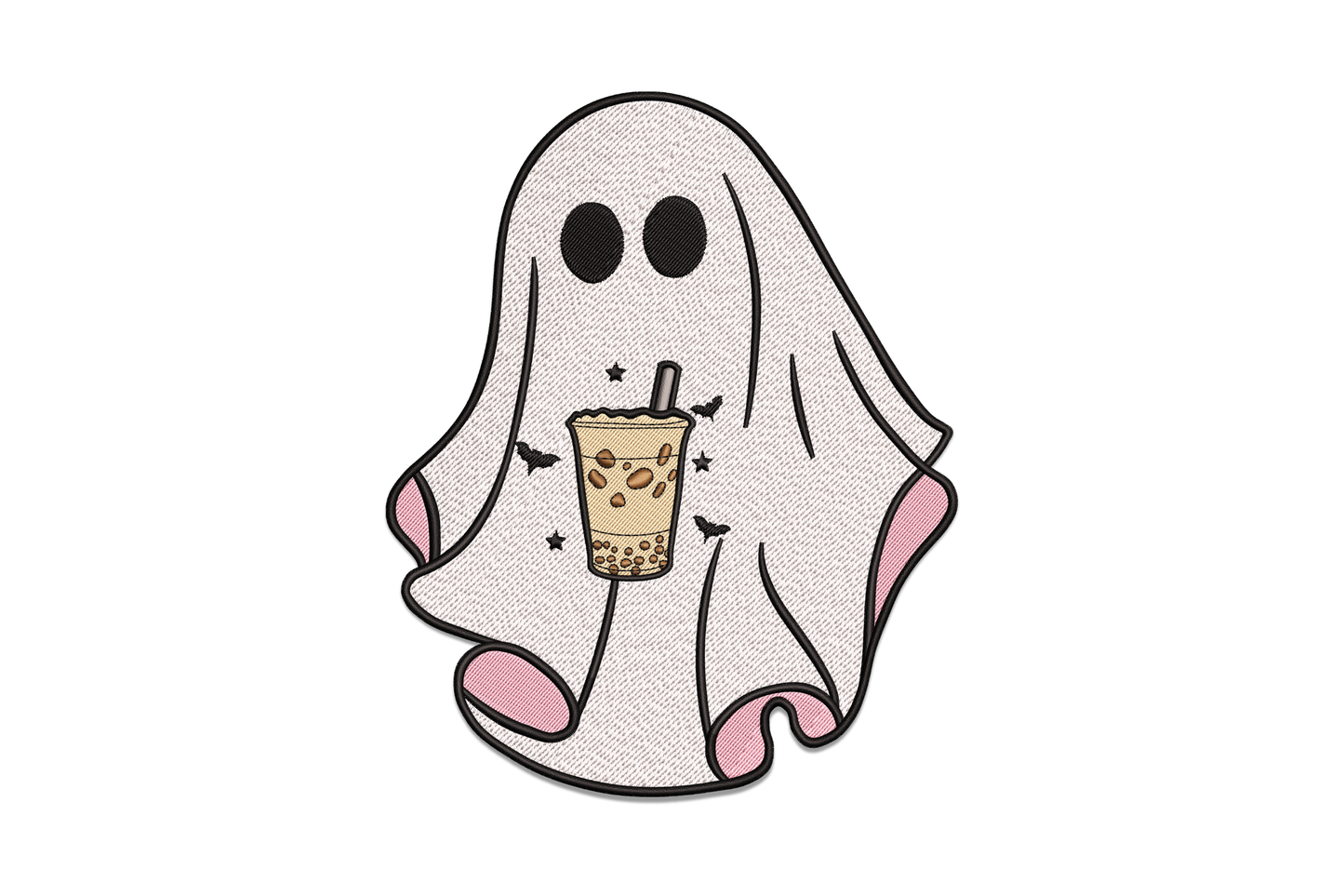 Kawaii white halloween ghost with pink accents holding a boba bubble tea cup with pearls, tiny bats, 6 colour embroidery design, sizes 3.51 to 7.51 inch