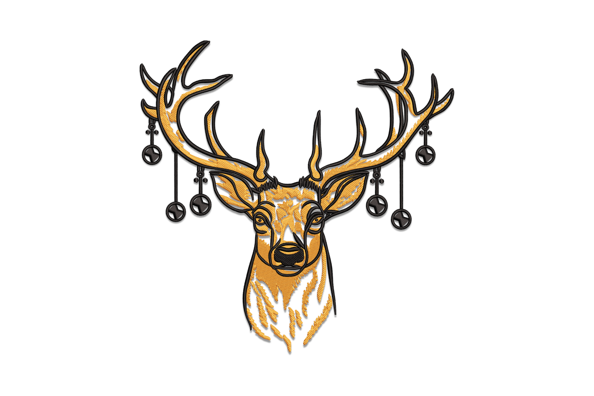 Boho deer head antlers line art embroidery design with botanical floral and leaf details woven through branching antlers, two colour fine line portrait with nature-inspired boho style