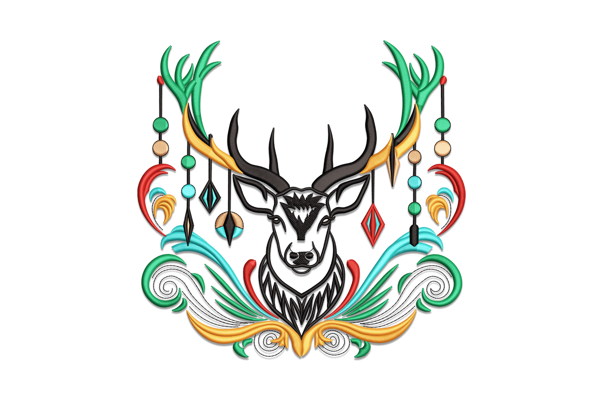 Boho deer head embroidery, forest green antlers, orange feather fans, teal swirls, bead strings, black tribal markings, 7 thread colors, 5 sizes