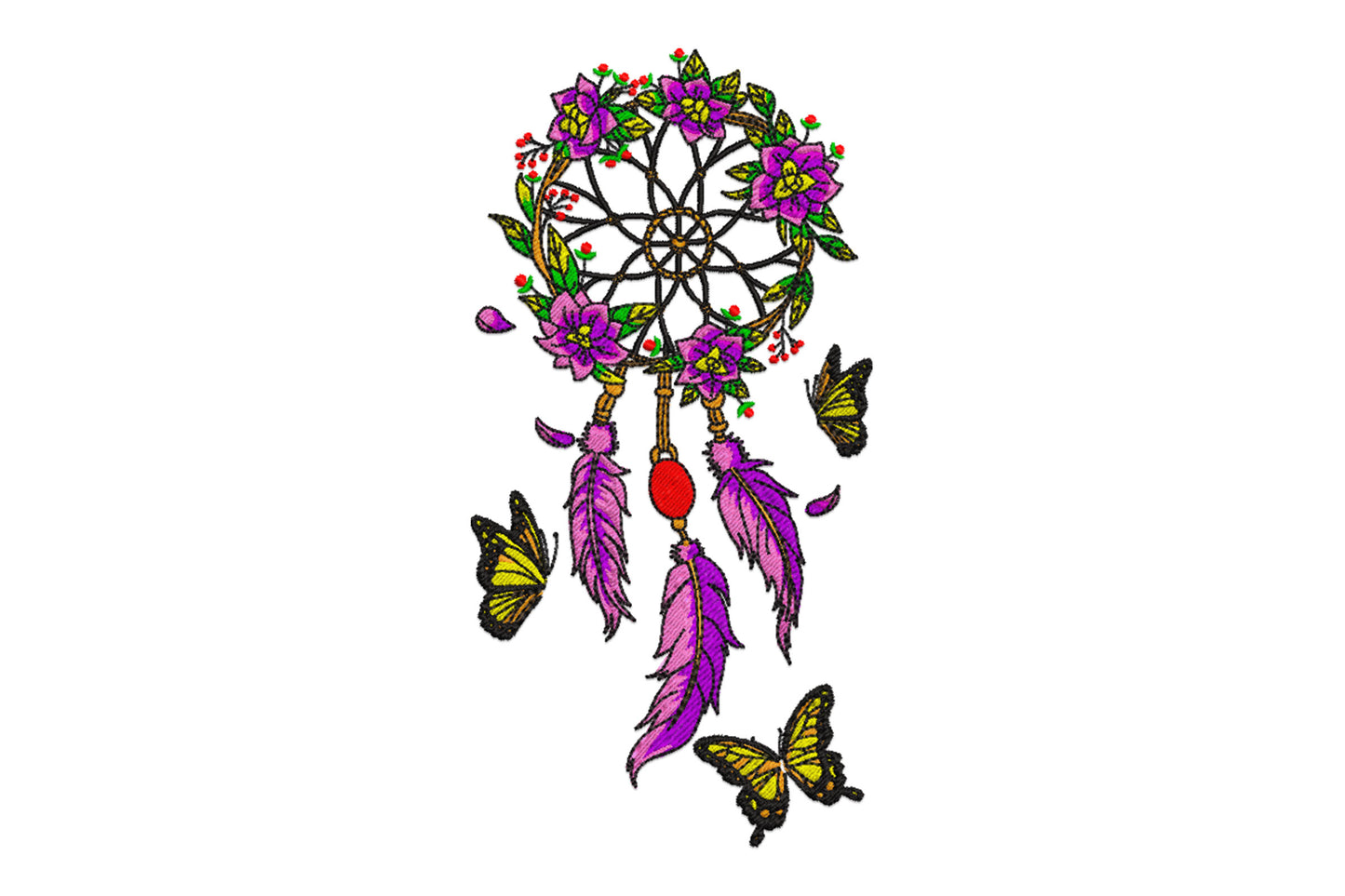 Boho dream catcher embroidery, black web in orange hoop, purple pink flowers, feathers and monarch butterflies, 8 colours.
