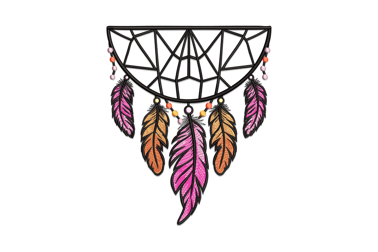 Boho dreamcatcher embroidery with ornate hoop, interwoven web, four long feathers, and satin bead clusters in ten colours
