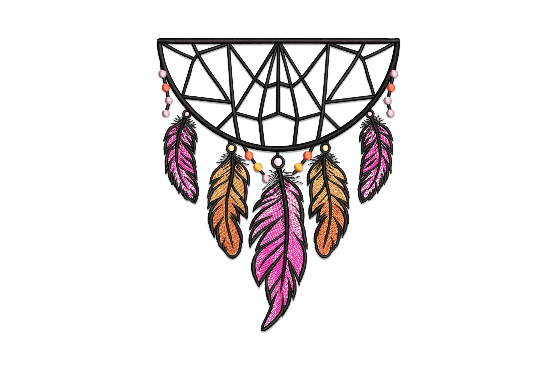 Boho dreamcatcher embroidery with ornate hoop, interwoven web, four long feathers, and satin bead clusters in ten colours