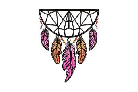 Boho dreamcatcher embroidery with ornate hoop, interwoven web, four long feathers, and satin bead clusters in ten colours