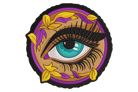 Boho evil eye machine embroidery design, ten colours cobalt turquoise teal gold terracotta, circular layered rings with ornamental drops on white background.