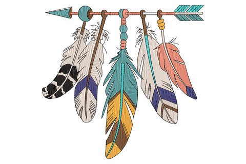 Boho feather arrow embroidery with 5 hanging feathers in teal, coral, navy, cream and gold on a satin column arrow shaft.
