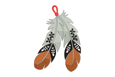 Decorative feather ornament with floral patterns on a white background