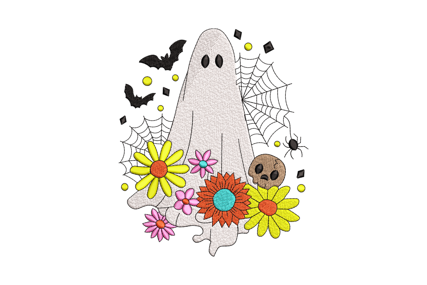 Boho floral ghost embroidery design with white ghost outline, oval eyes, yellow and pink flowers at base, black bats and skull charm, 7 colours, 4 sizes.