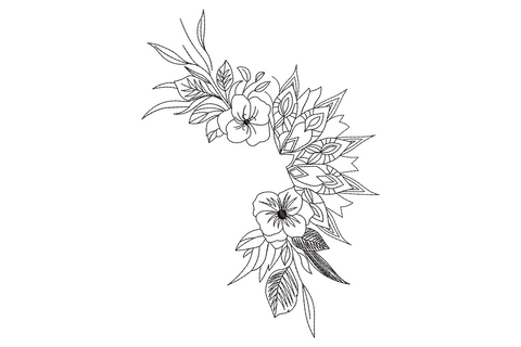 Boho floral half mandala embroidery design, curved crescent arc of flowers, geometric mandala fans and hanging feather in black outline, no fill.