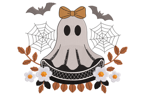 Boho ghost embroidery design surrounded by a wreath of wildflowers in burnt orange, sage green, mauve and ivory, on white background.