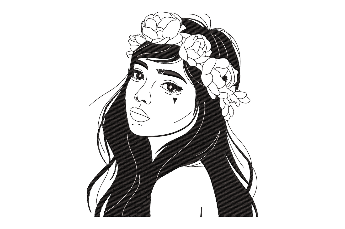 Boho girl line art portrait machine embroidery design, two colours earth brown linework, flowing hair and floral detail, minimalist style on white background.