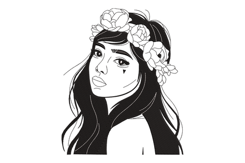 Boho girl line art portrait machine embroidery design, two colours earth brown linework, flowing hair and floral detail, minimalist style on white background.