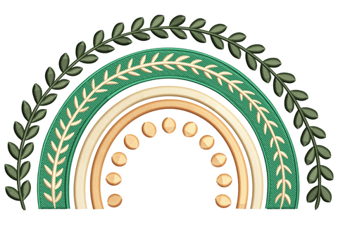 Boho leaf rainbow embroidery design with wide flat three-band arc in dusty terracotta mustard and sage green, four olive leaves trailing down from both ends, symmetrical horizontal composition.