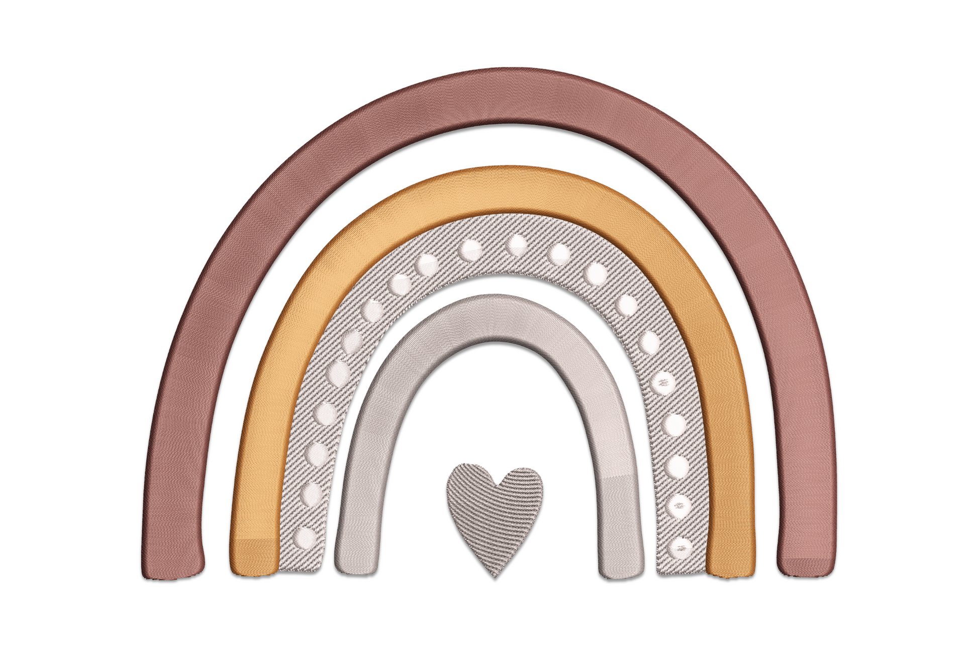 Boho rainbow embroidery design with four earthy nested arches in cedar brown mustard white grey and a small heart at the base