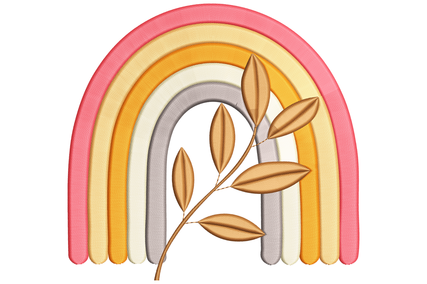 Boho rainbow embroidery design with four separated arc bands in dusty terracotta ochre sage and teal, thin olive branch with five small leaves underneath, six muted colours.