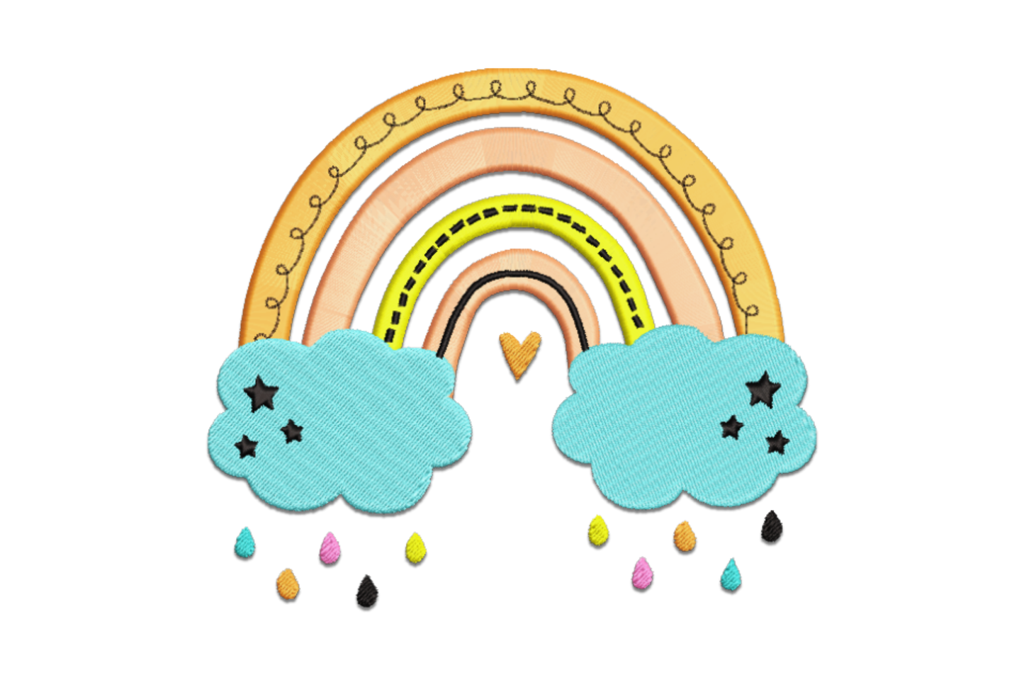 Boho rainbow clouds embroidery with earthy orange arch, curly border, teal star clouds and multicolour teardrop rain