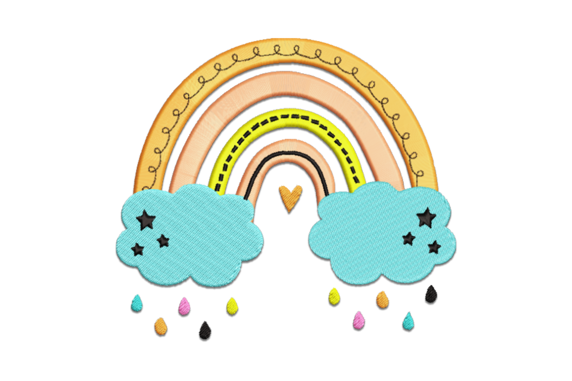 Boho rainbow clouds embroidery with earthy orange arch, curly border, teal star clouds and multicolour teardrop rain