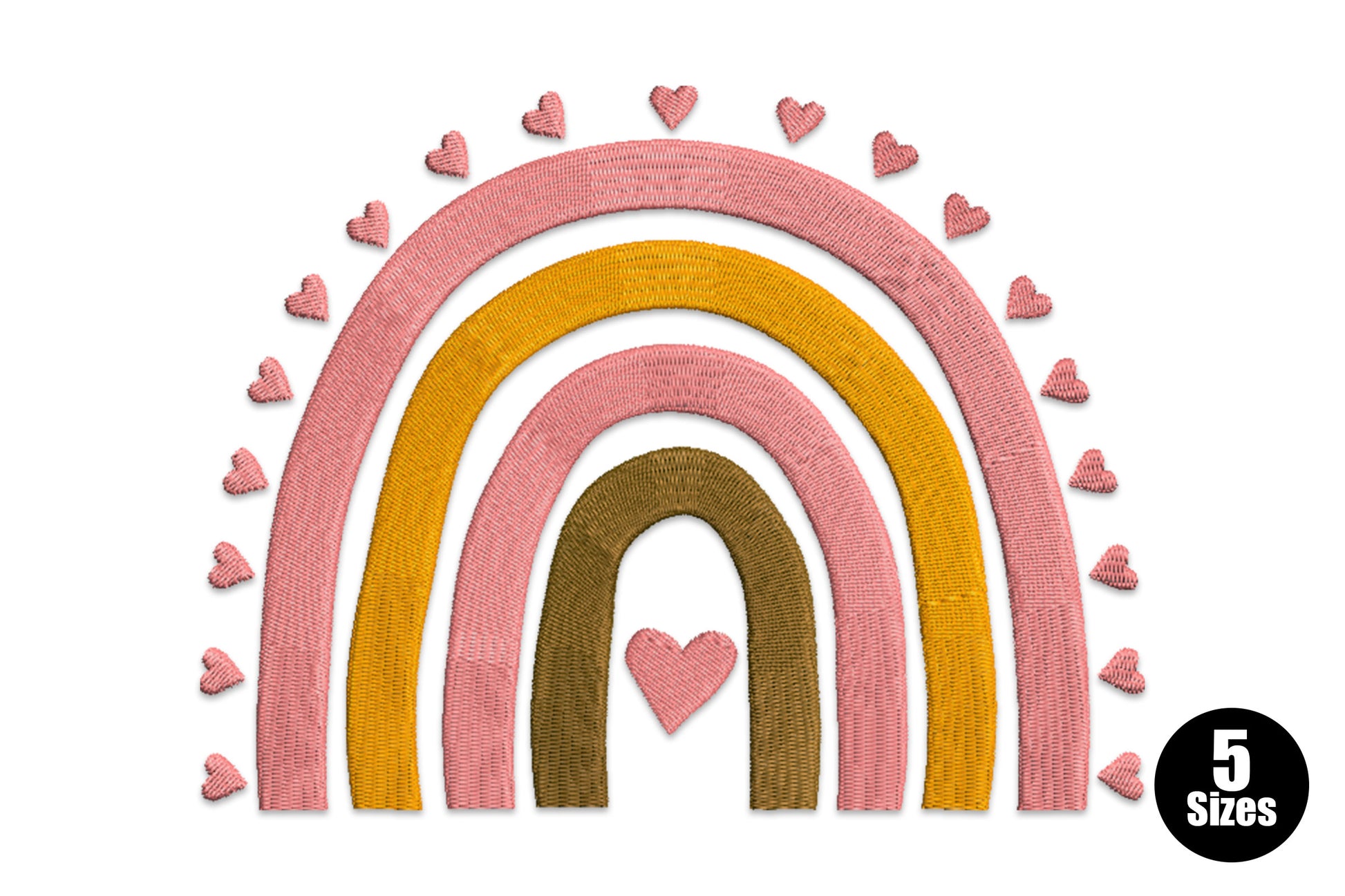 Boho rainbow with hearts machine embroidery design in earthy terracotta rust and sage tones, 5 sizes 7654 to 27184 stitches for bohemian home and fashion projects