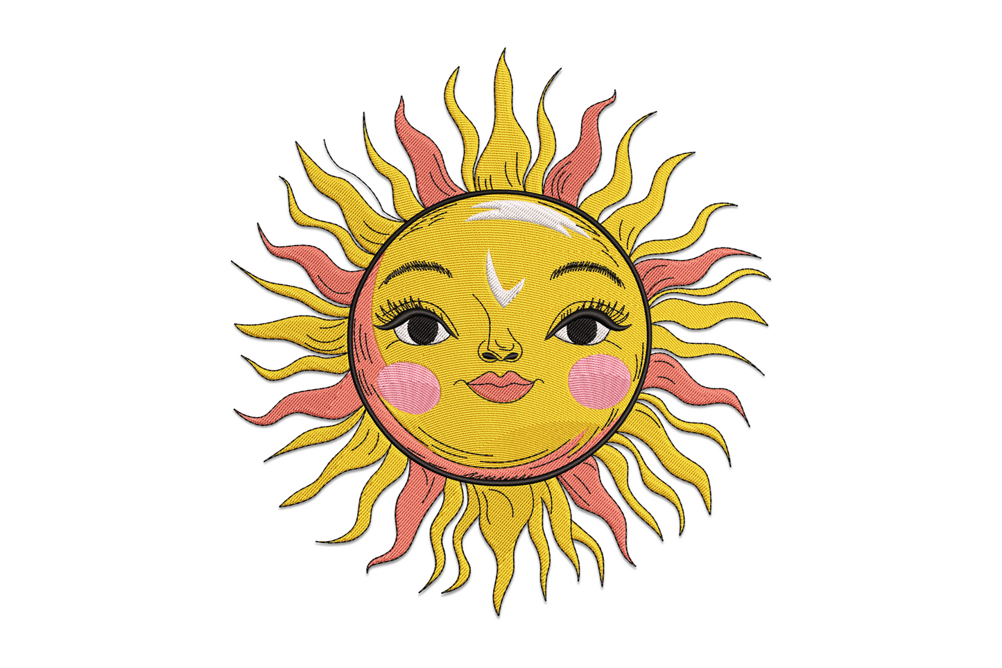 Boho sun face embroidery with feminine features, long lashes, rosy cheeks, rays alternating bright yellow and deep coral-red, machine embroidery design on white background