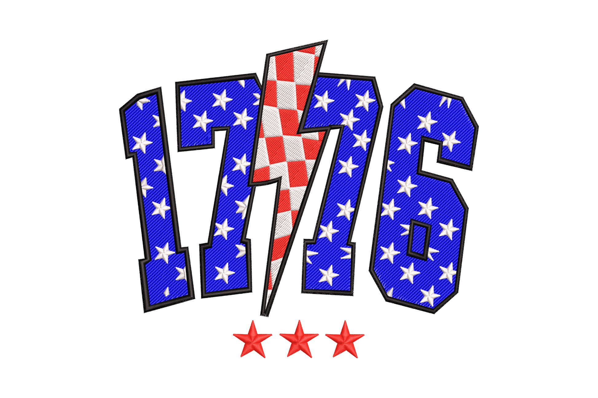 Bold 1776 patriotic embroidery with blue star-filled numerals, red checkerboard lightning bolt, and three red satin stars.