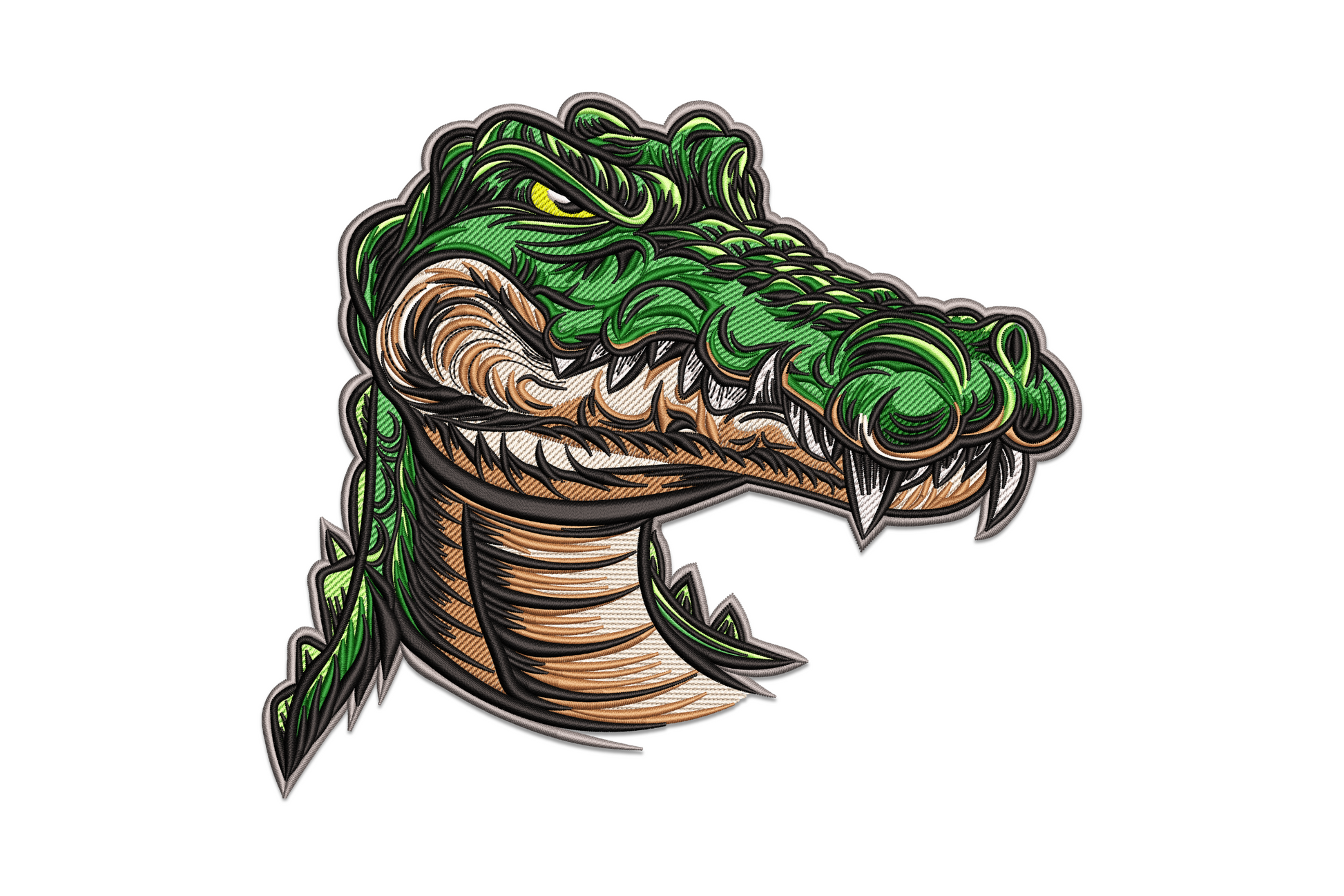 Bold alligator head embroidery, open jaw, forest and lime green scale fills, yellow eye and white teeth, mascot badge style.