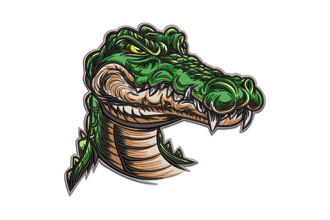Bold alligator head embroidery, open jaw, forest and lime green scale fills, yellow eye and white teeth, mascot badge style.