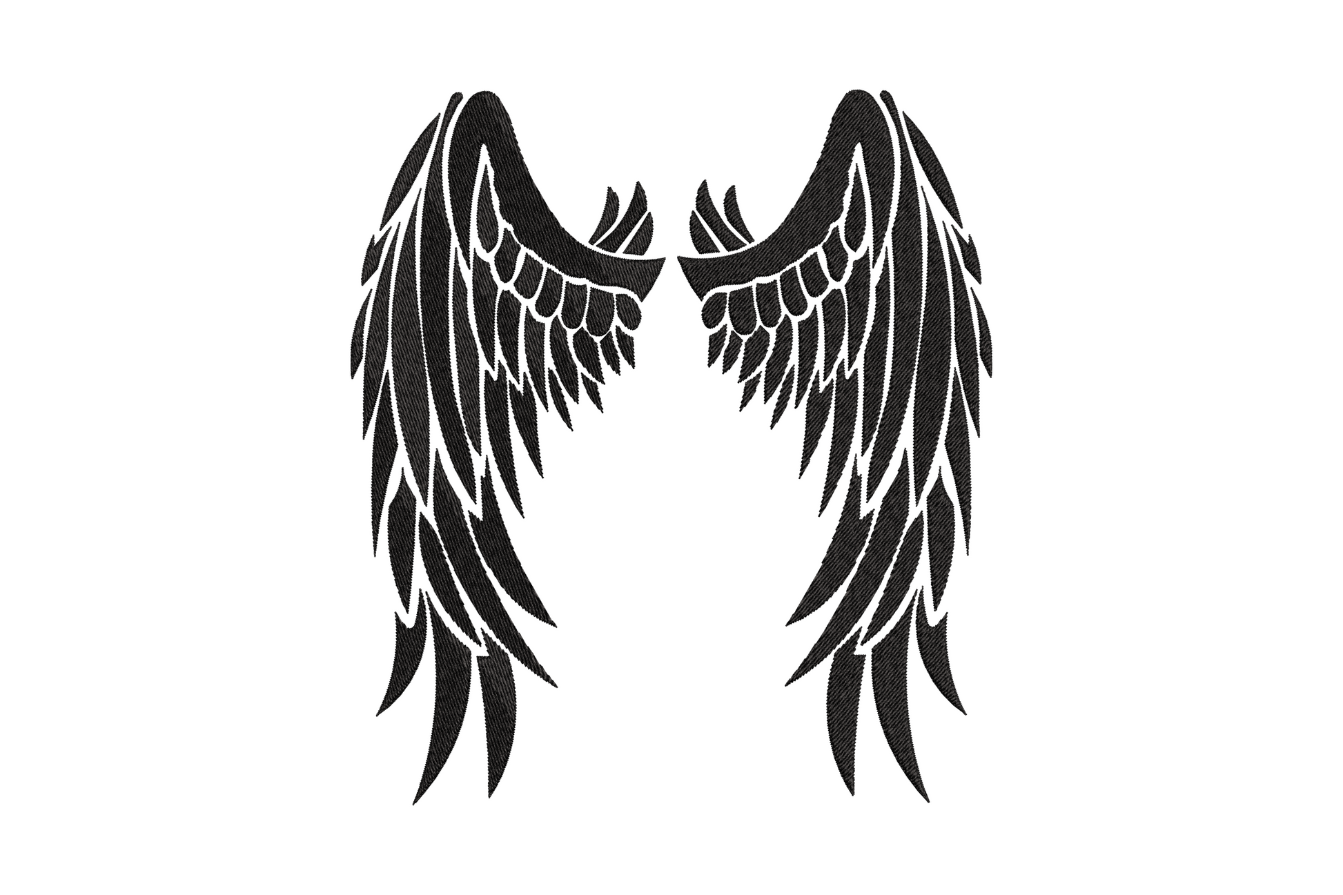 Bold angel wings silhouette embroidery design, solid black fill with white feather row cutouts, dramatic spreading pair