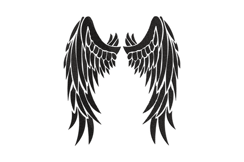 Bold angel wings silhouette embroidery design, solid black fill with white feather row cutouts, dramatic spreading pair