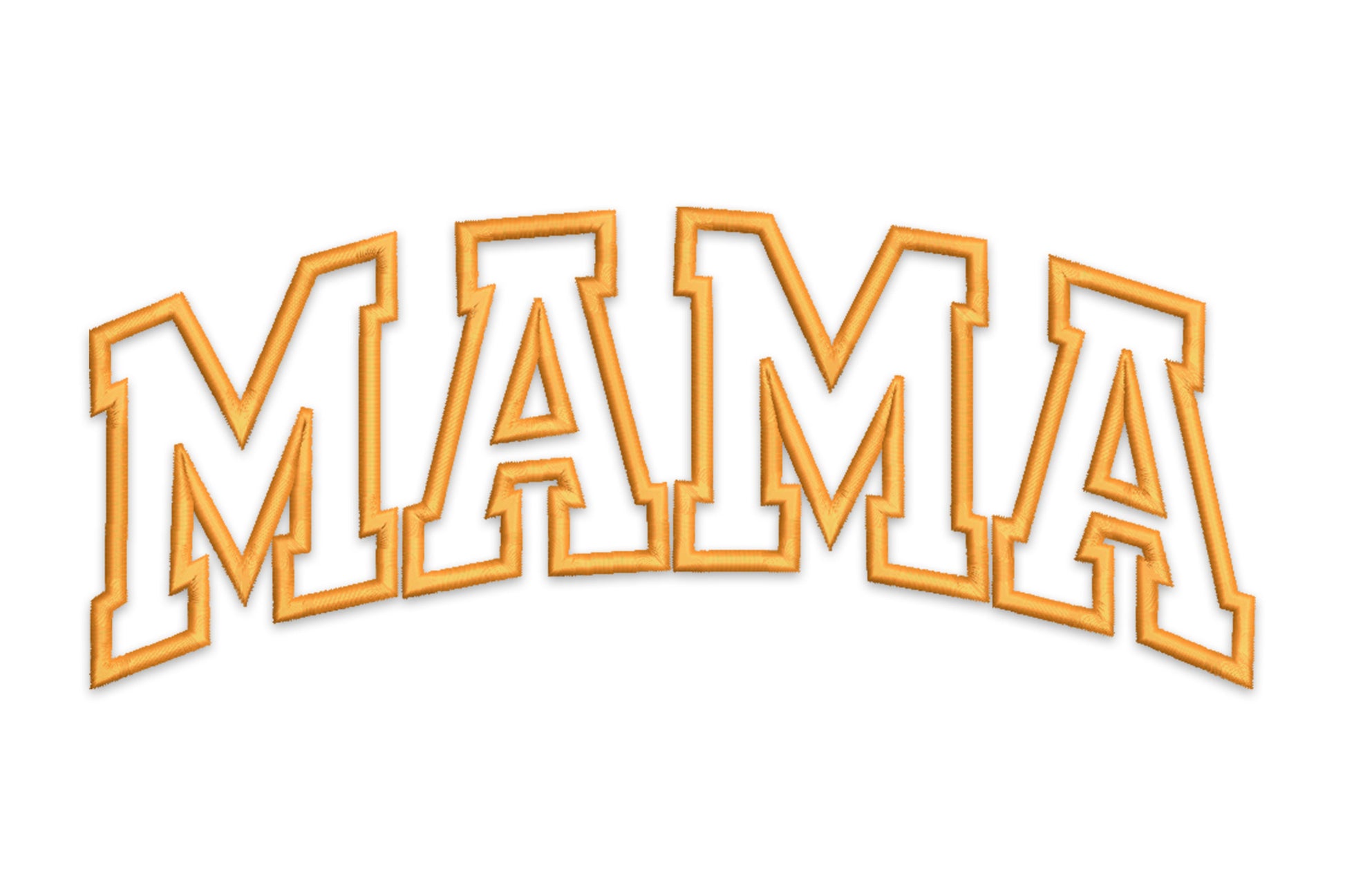 Bold collegiate MAMA embroidery design in varsity block capitals with dark blue fill, orange outer border and black outline.
