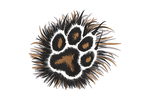 Bold furry paw print embroidery design showing a classic paw shape with textured fur-stroke edges on each pad in warm brown and darker accent tones, 3 colours.