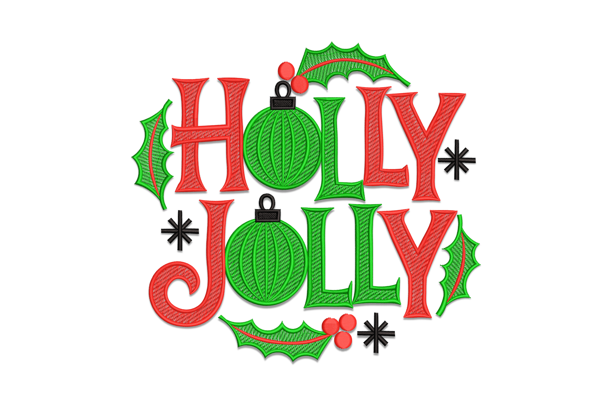 Bold Holly Jolly Christmas embroidery with thick chunky satin lettering and holly berries accent in a 3-colour festive typography design