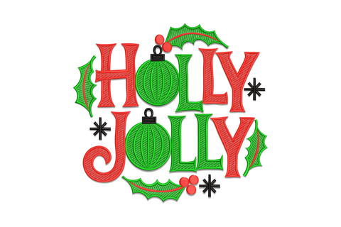 Bold Holly Jolly Christmas embroidery with thick chunky satin lettering and holly berries accent in a 3-colour festive typography design