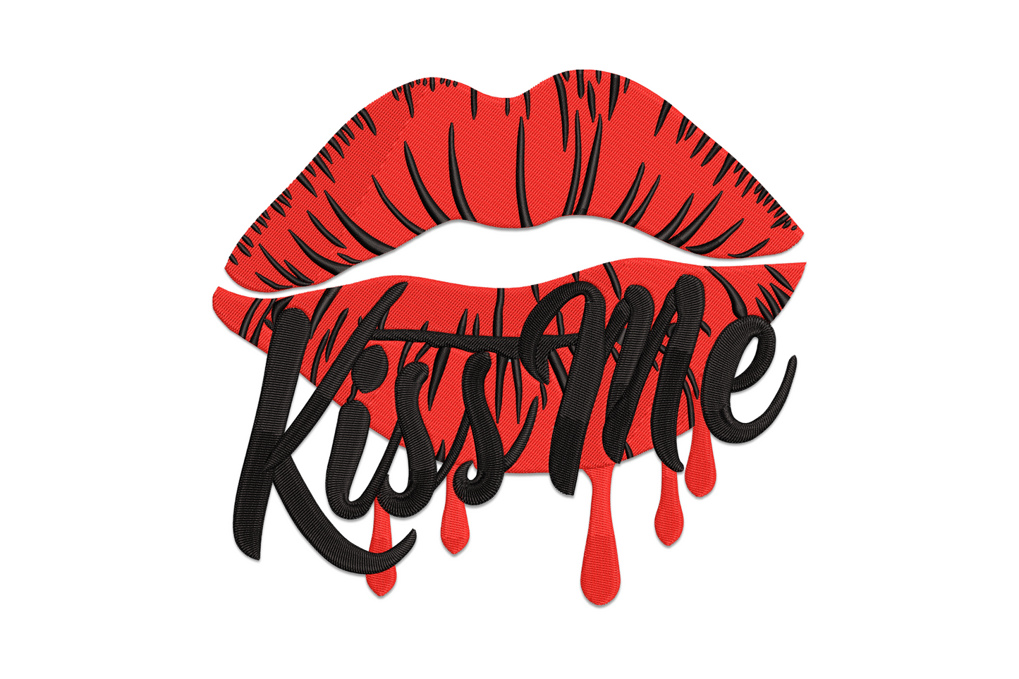 Bold kiss me lips embroidery with large satin-fill red lips and white lettering, graphic pop-art valentine design for shirts and bags