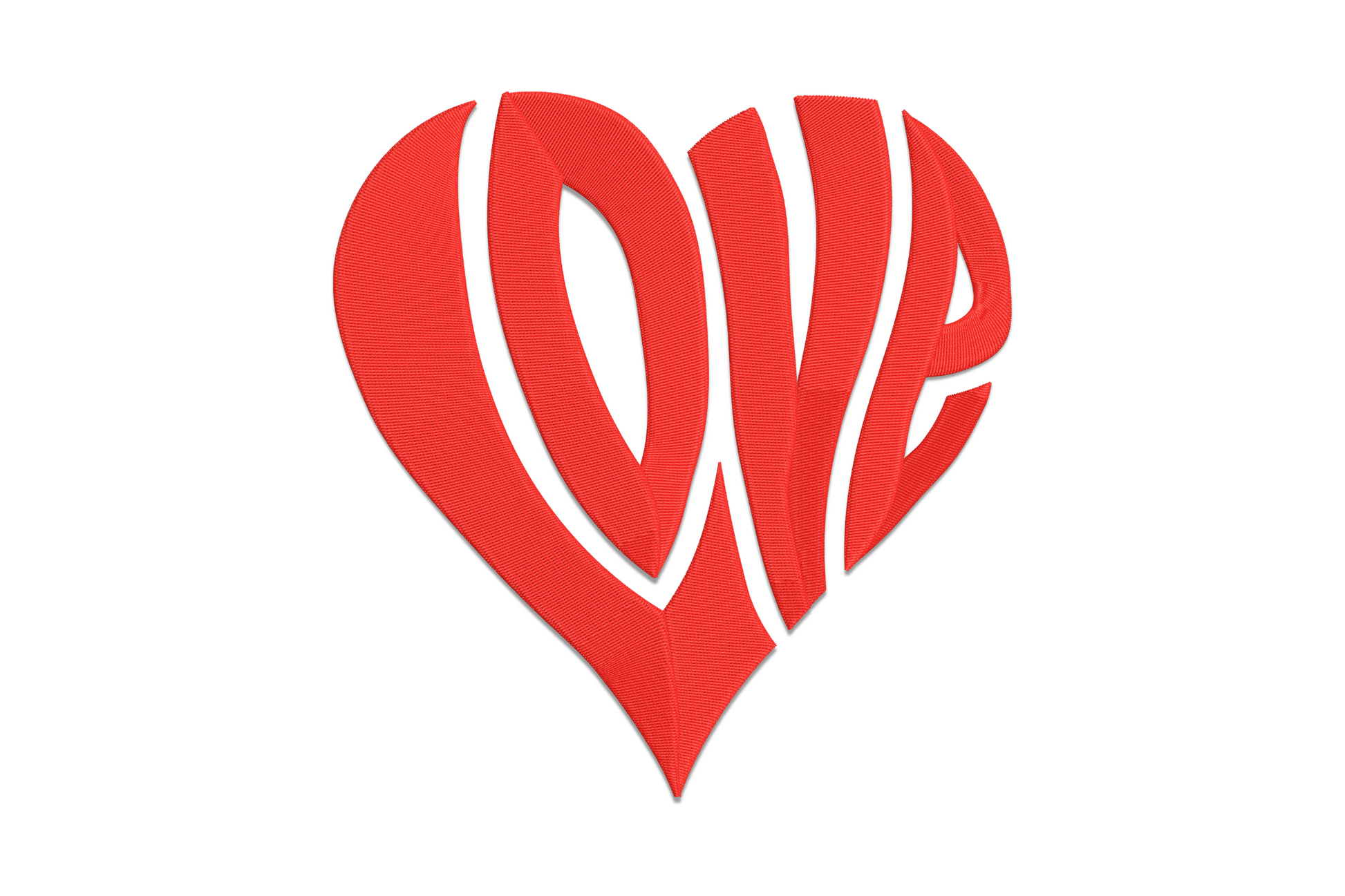 Bold love heart embroidery design with thick satin outline and block LOVE lettering, red thread on white cotton, 6 sizes