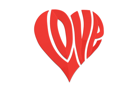 Bold love heart embroidery design with thick satin outline and block LOVE lettering, red thread on white cotton, 6 sizes