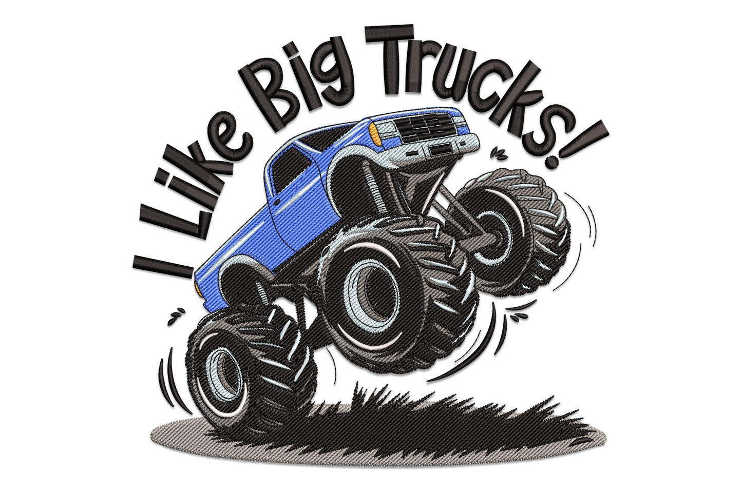 Bold monster truck embroidery, blue truck mid-air with chunky text arc, 8 color kids vehicle design