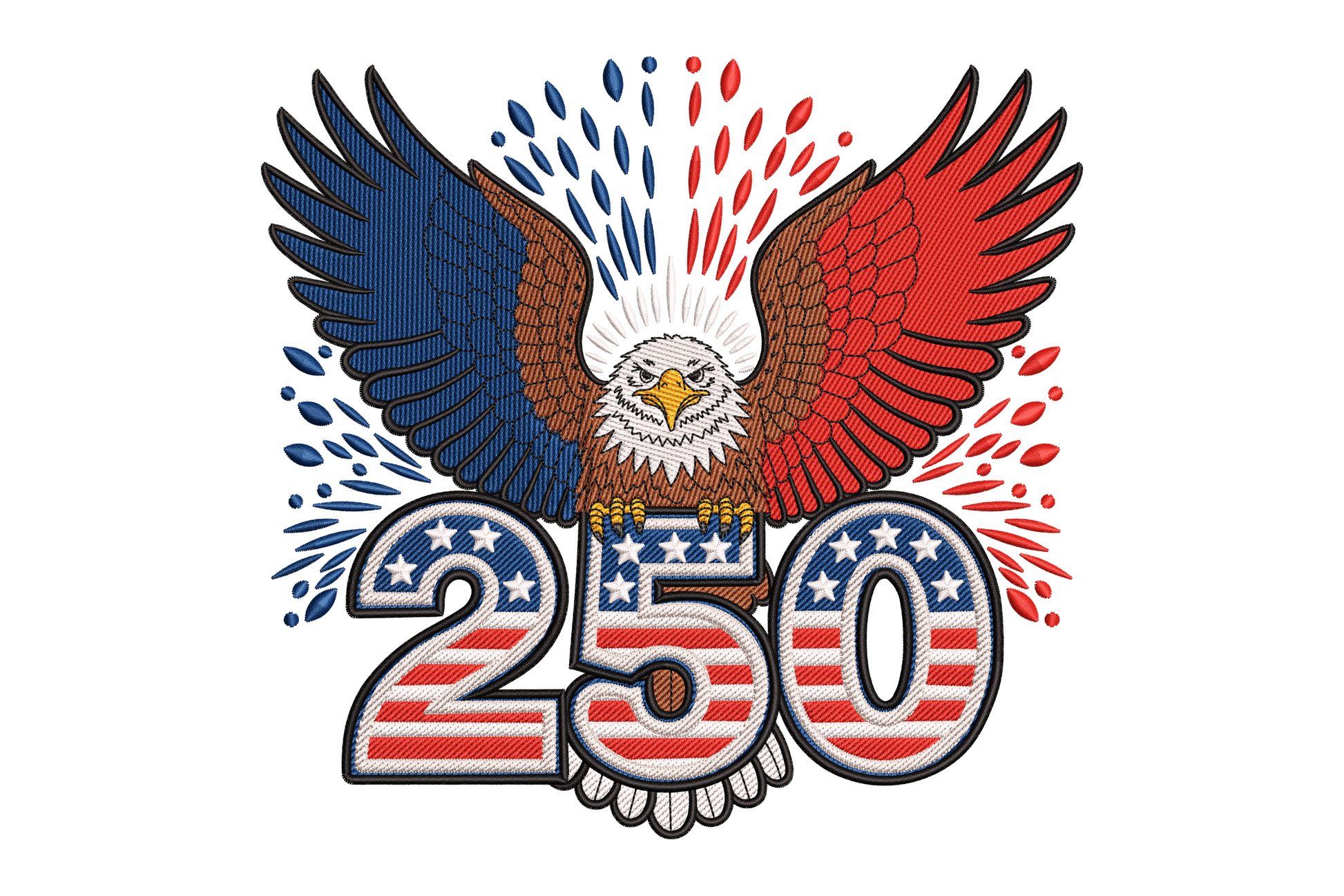 Eagle with outstretched wings and '250' in American flag design embroidery design
