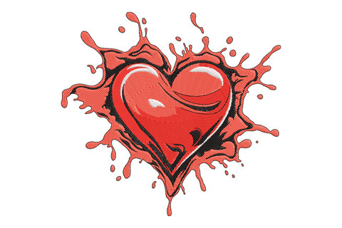Bold splash heart embroidery design, glossy crimson heart with paint splatter rays and satin highlight arcs, black outlines.