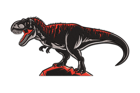 Bold T-rex dinosaur embroidery in near-black charcoal with vivid red stripe markings, open jaw showing white teeth, standing on red jagged rock base.