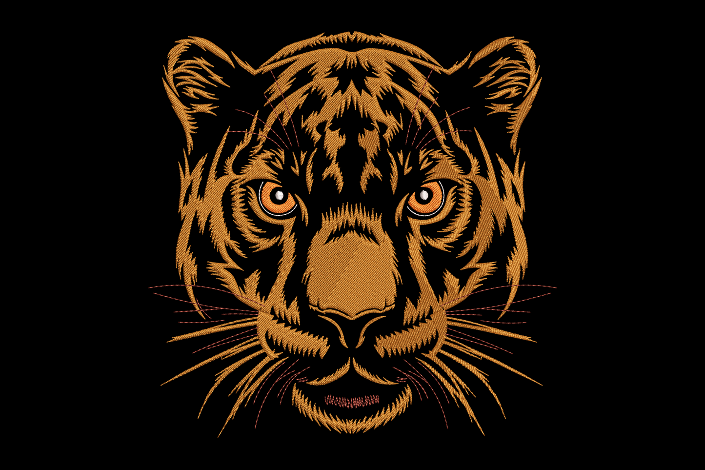 Bold tiger face embroidery front-on, amber gold fur, black stripe work, orange-red eyes with white highlight stitch