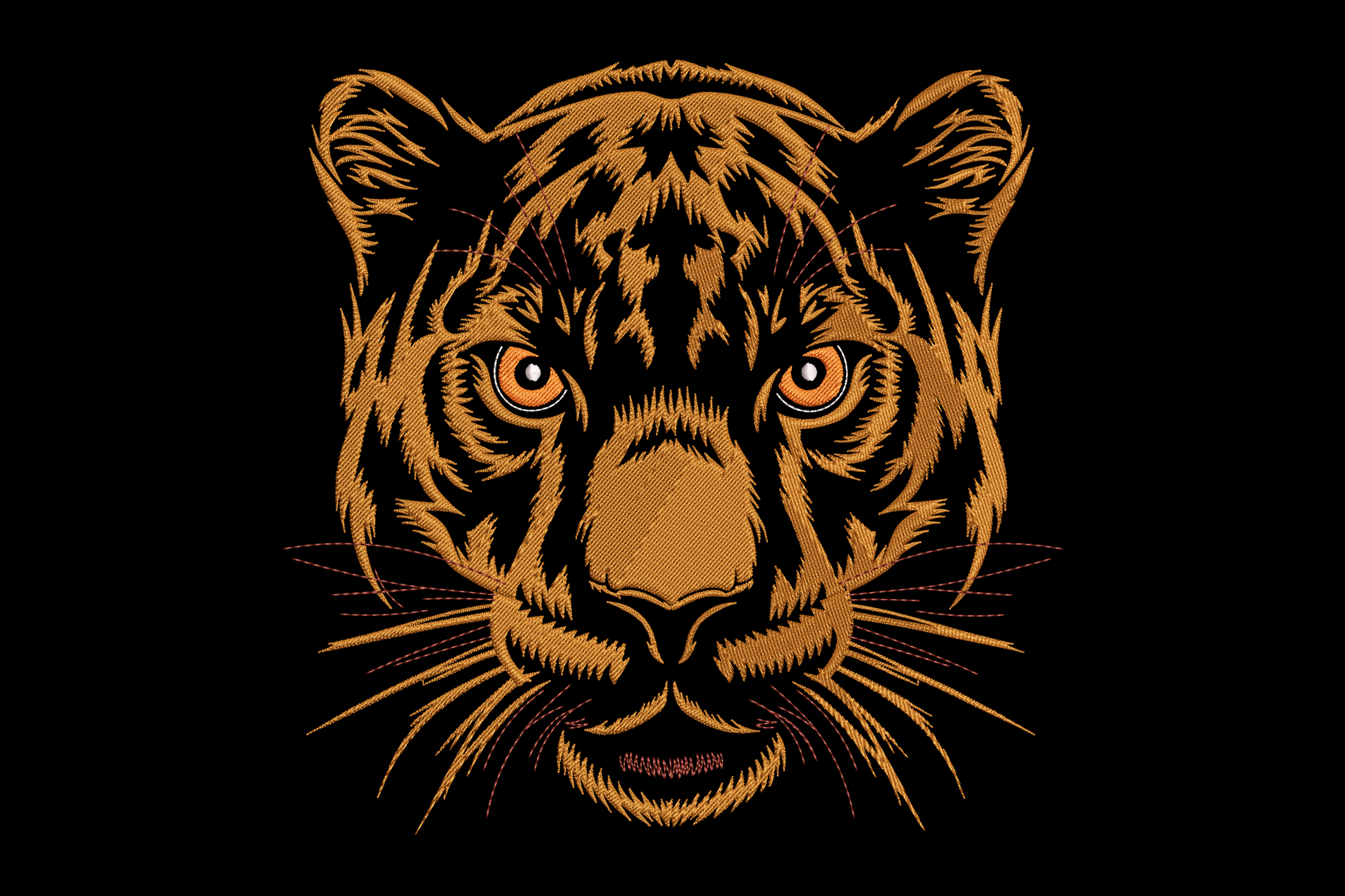 Bold tiger face embroidery front-on, amber gold fur, black stripe work, orange-red eyes with white highlight stitch