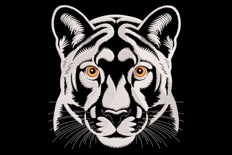 Bold tiger face embroidery design in white fur with black stripes and amber-gold eyes on dark background.